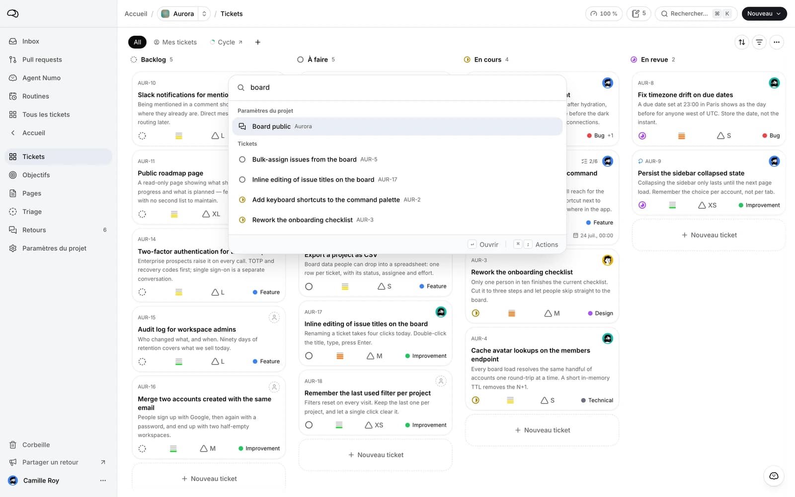 The command palette open on a search returning issues and actions.