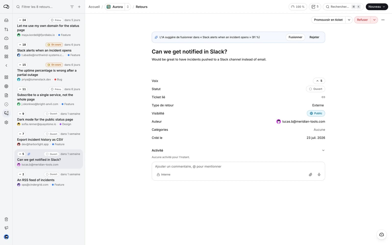 A user request seen from the team side, with its votes and the promote action.