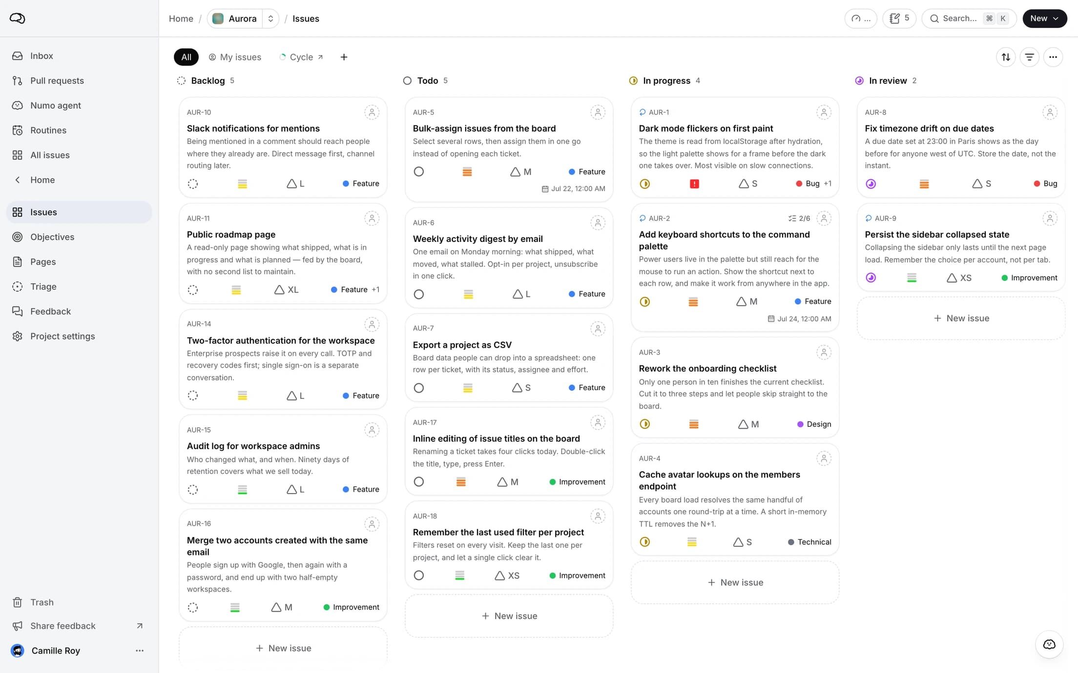 A minddy project board: issues grouped by status, with priorities, assignees and an agent badge.