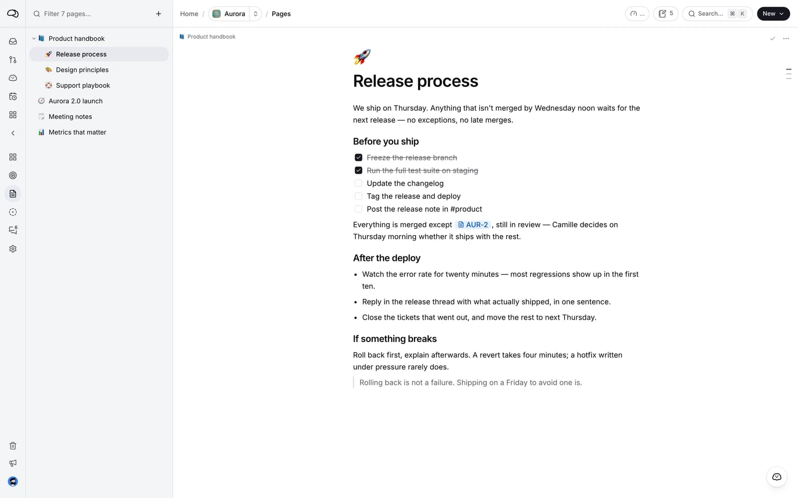 A project wiki page, with the page tree on the left and its content on the right.