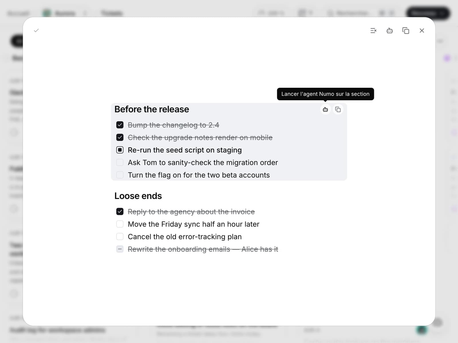 The notes window, with sections of finished and pending tasks.