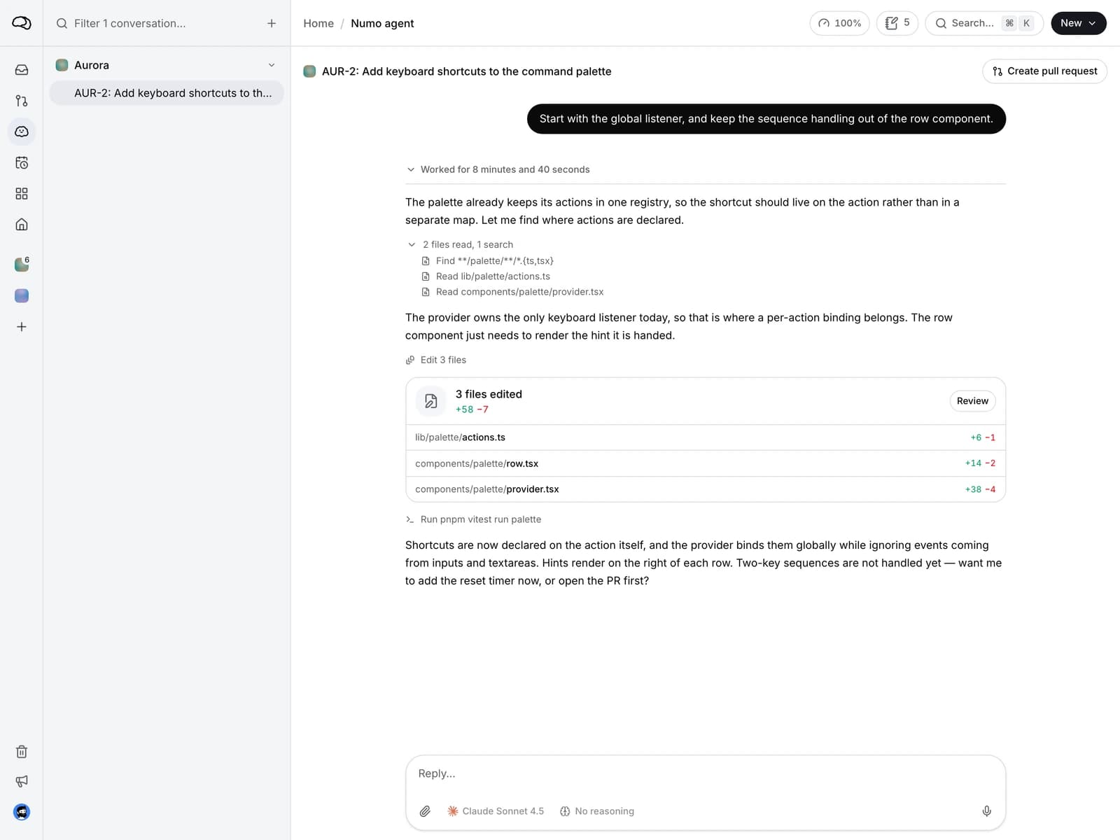 An agent run in progress, showing its tool calls and the issue it is working on.