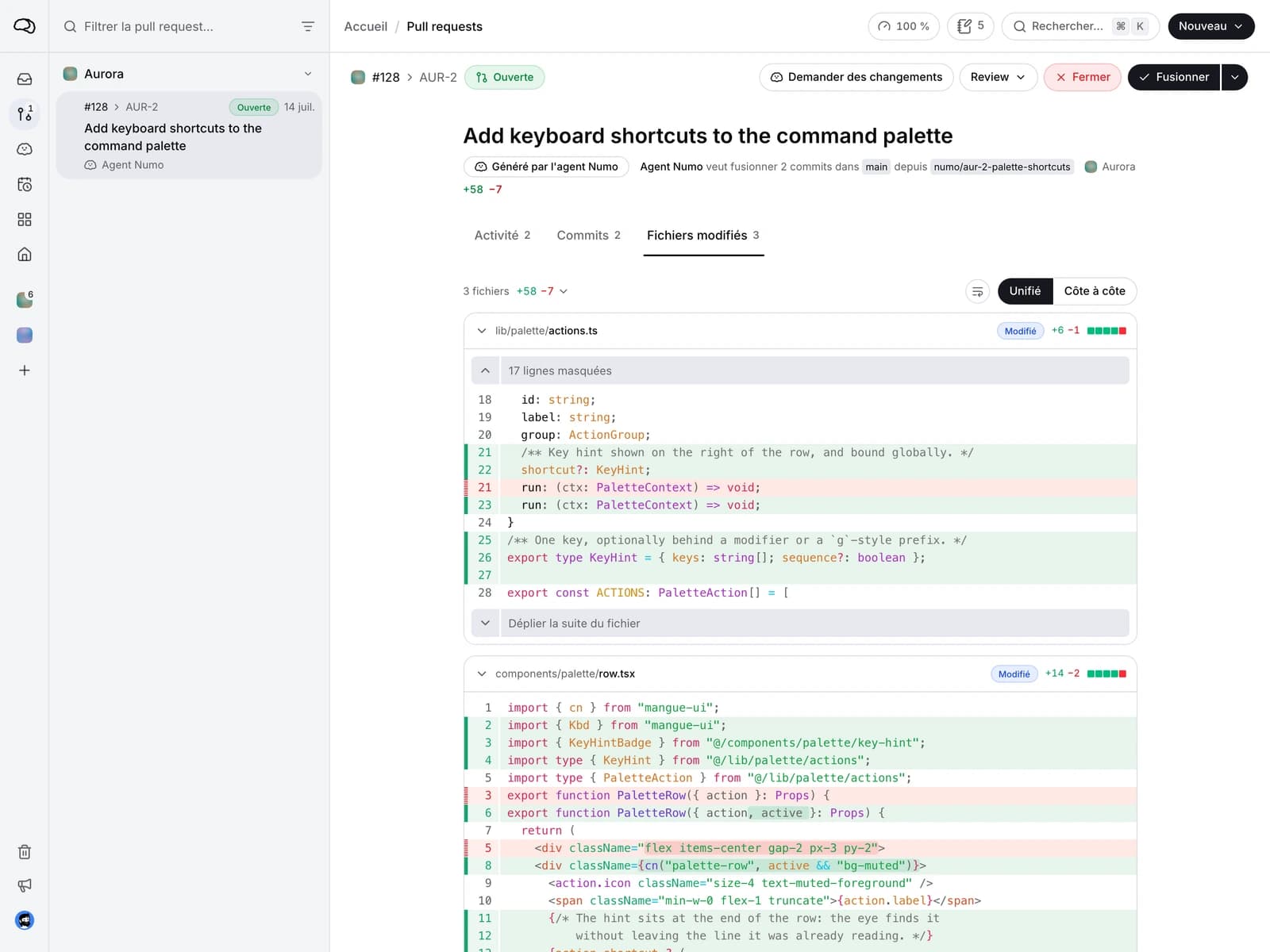 The pull requests page, with the agent's changes shown file by file.